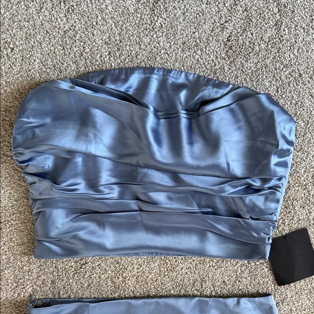 NWT Lulus Blue Strapless Satin Two-Piece Skirt Set Medium - Picture 6 of 16